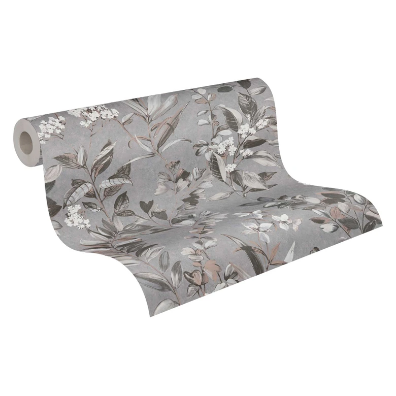 Papier peint fleurs gris blanc - papier peint intissé fleurs style aquarelle 