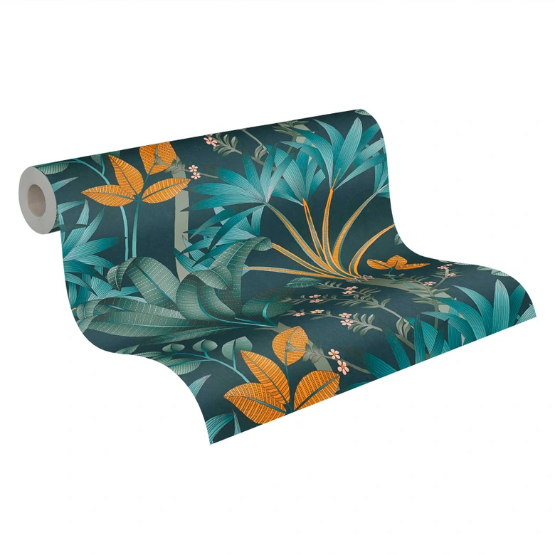 graphic jungle wallpaper blue orange - non-woven wallpaper palm leaves 