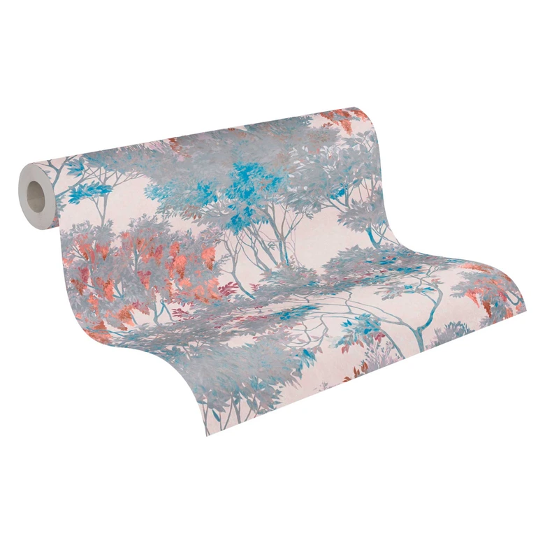 non-woven wallpaper flowers with trees beige grey - watercolour wallpaper red blue 