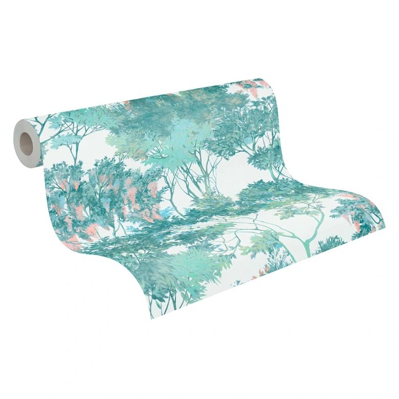 floral fleece wallpaper with trees white green - watercolour wallpaper beige 
