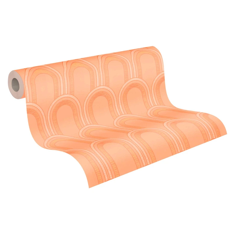 papier peint avec arches style art déco orange blanc - papier peint graphique rétro  