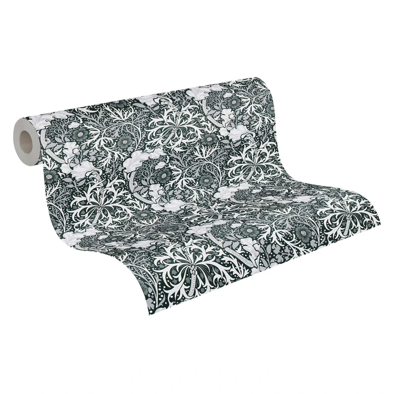 Papier peint avec rinceaux fleuris et fleurs noir et blanc - papier peint intissé floral 