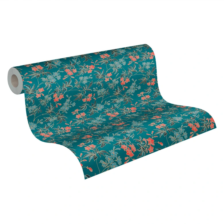 Papier peint fleuri avec fleurs rouge bleu - papier peint à motifs floraux moderne - papier peint intissé floral 