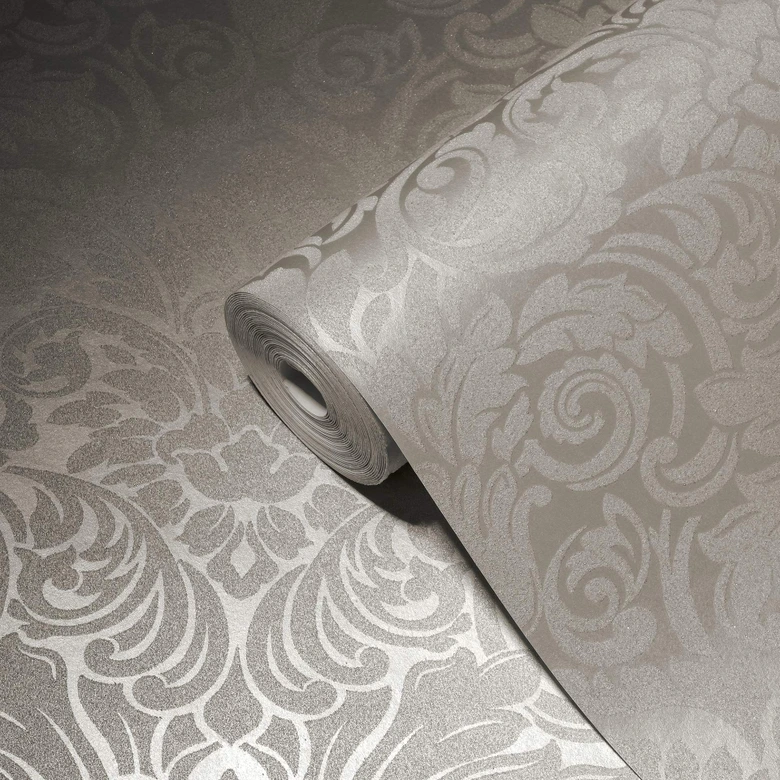 Baroque style wallpaper with glass beads ornamental wallpaper in silver and cream non-woven wallpaper 