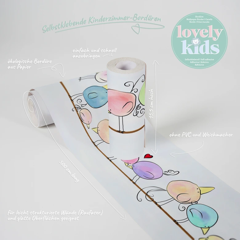 Lovely Kids selbstklebende Kinderzimmer Bordüre Funny Birds mit niedlichen Vögeln 