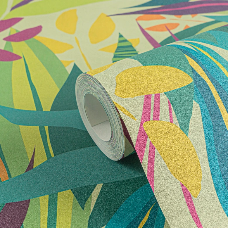 Tapeta tropikalna kolorowa jasnozielona - motyw egzotycznych liści - tapeta z włókniny nowoczesna 