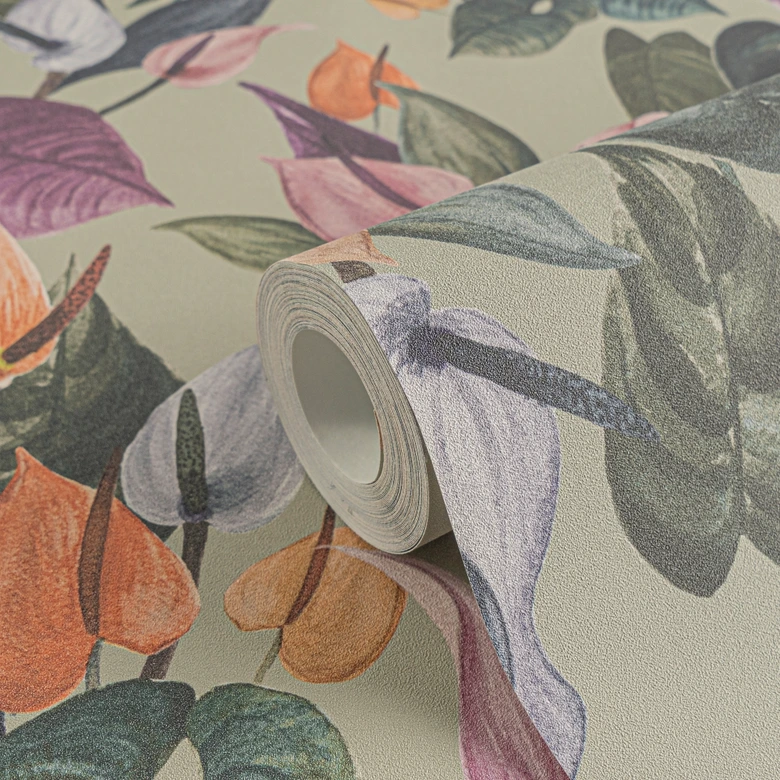 Blomstret tapet anthuriums farverig grøn beige - tropisk blomstermønster - Ikke-vævet tapet 