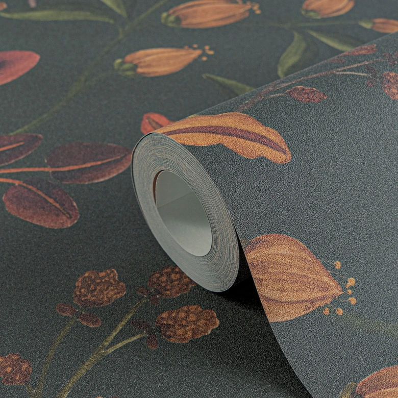 Florale Mustertapete Blüten Orange Rot – Dunkler Hintergrund – Vliestapete elegant 
