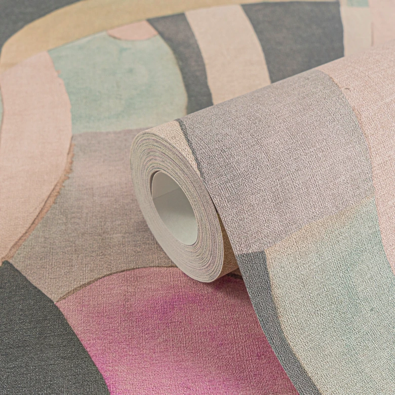 Abstrakte Mustertapete in Rosa Mint Schwarz – Moderne Vliestapete mit Linien 