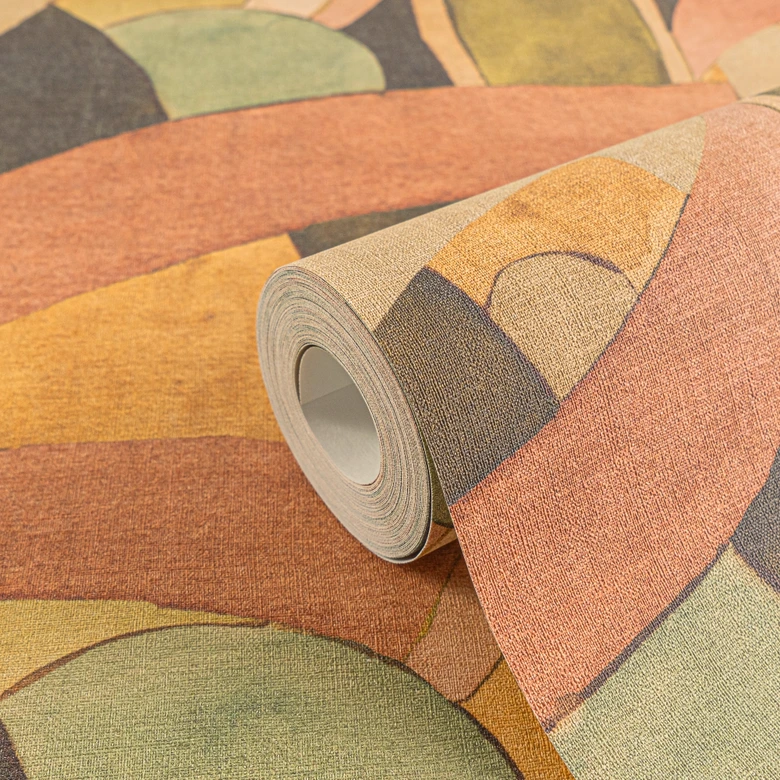 Abstrakte Mustertapete in Terrakotta Grün Beige – Künstlerische Linien-Vliestapete 