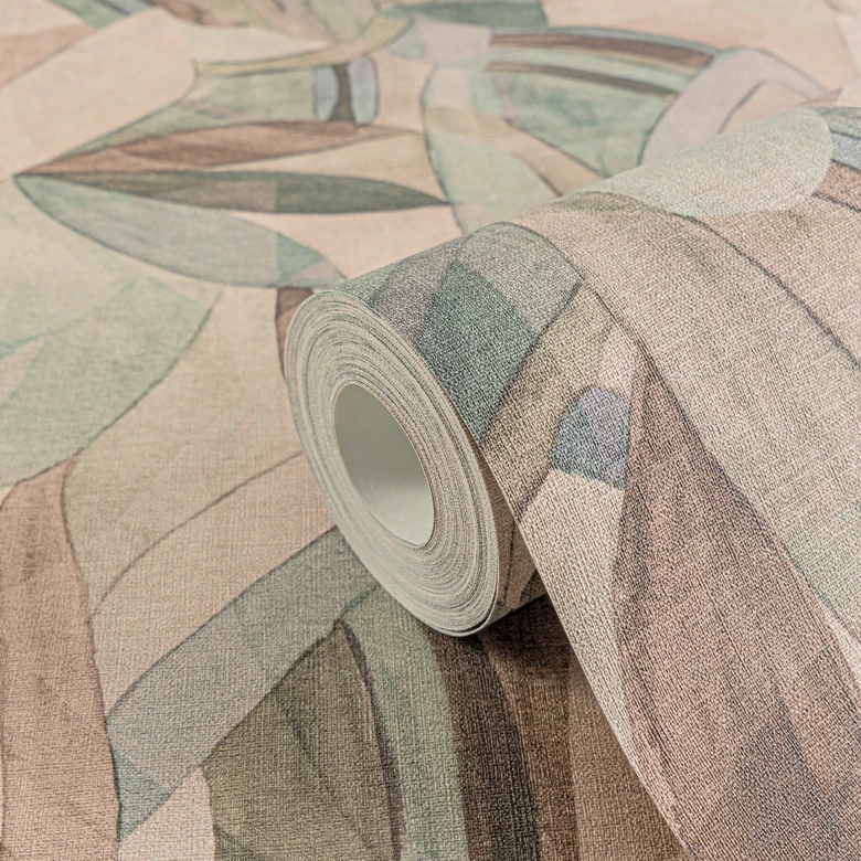 Abstrakte Blätter-Tapete in Beige Grün Blau – Sanfte Naturtöne – Vliestapete 
