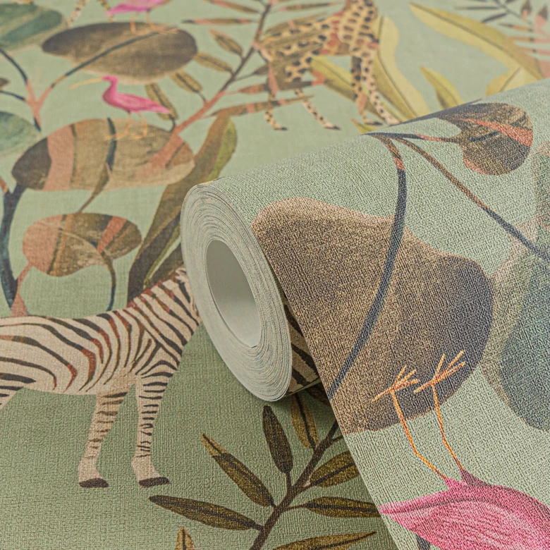 Safari tapet mintgrön färgglad - Icke-vävd tapet med djur och löv - mönster tapet 