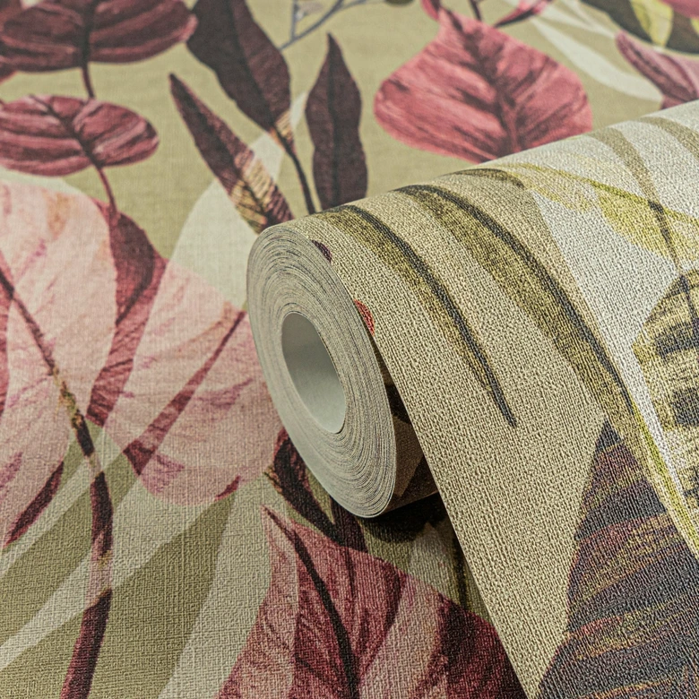 Botanisk tapet beige pink - Tapet med mønster og blade - Ikke-vævet tapet 