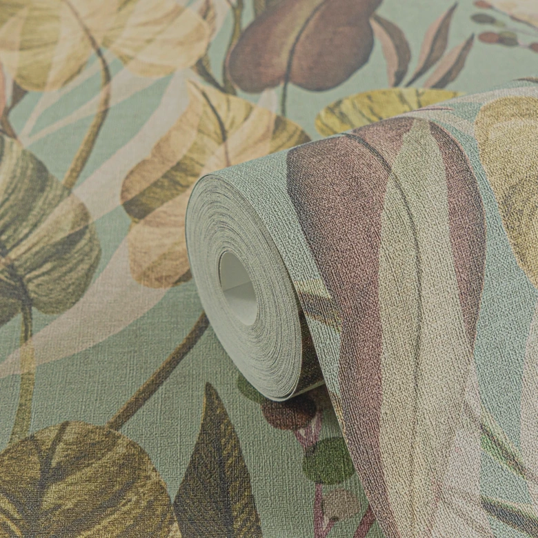 Botanik-Tapete Grün Beige – Dschungel-Mustertapete mit Pflanzen – Vliestapete 