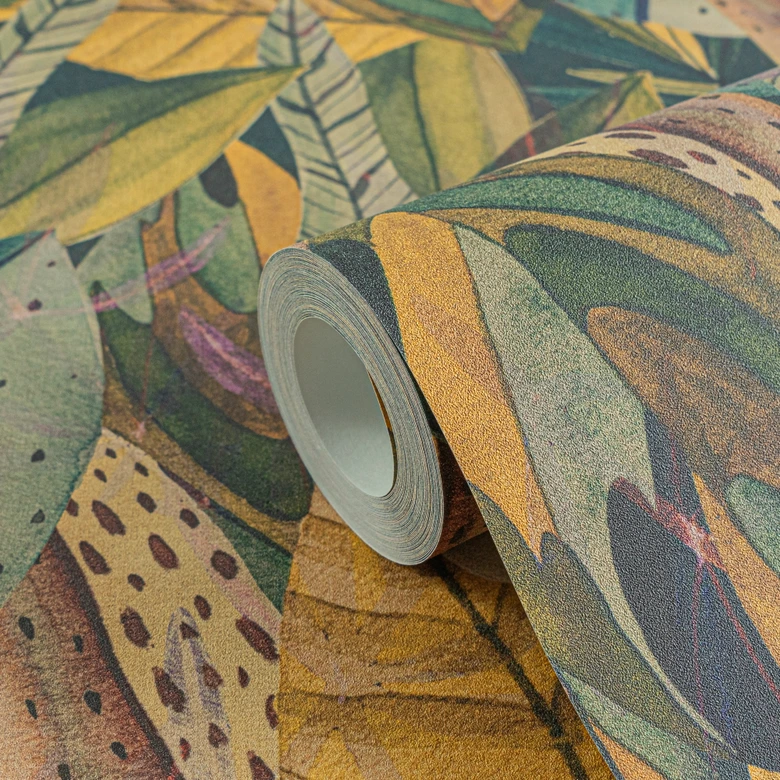 Dschungel-Tapete Gelb Grün – Bunte Blattoptik tropisch – Vliestapete modern 