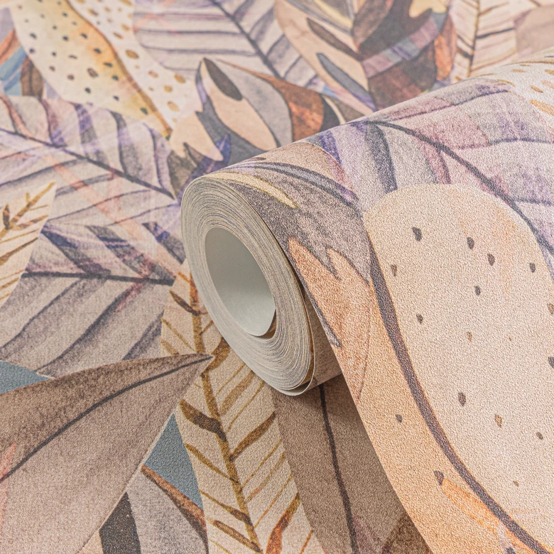 Jungle behang paars beige - pastelkleurige bladeren modern - Vliesbehang 