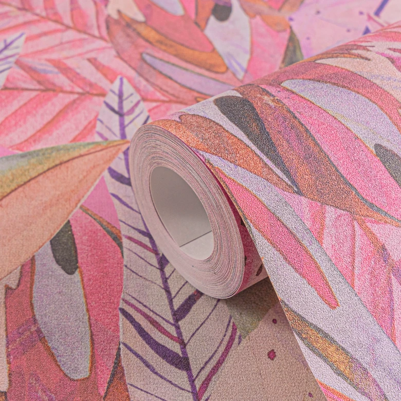Djungel tapet rosa lila - exotiska blad starka färgglada - Icke-vävd tapet modern 