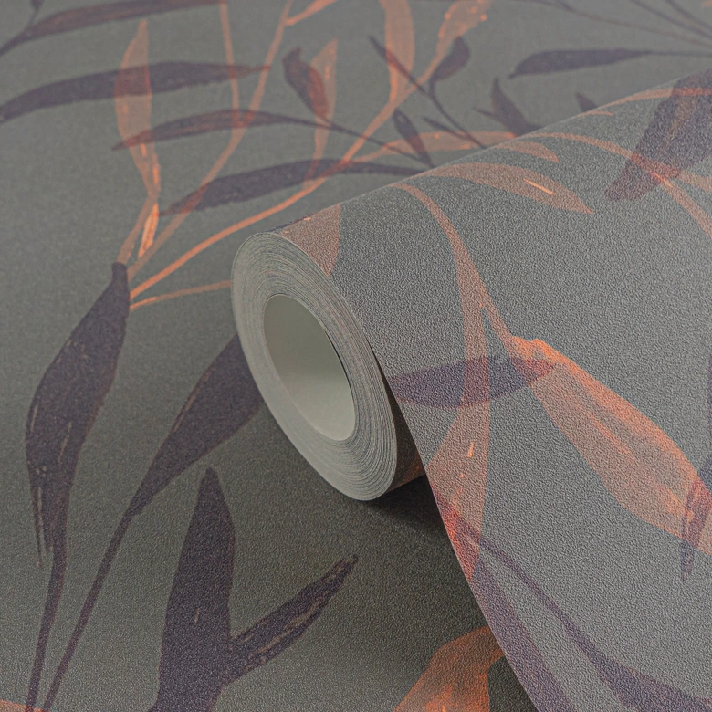 Papel pintado Hojas gris oscuro cobre - ramitas modernas mate - Papel pintado no tejido con brillo 
