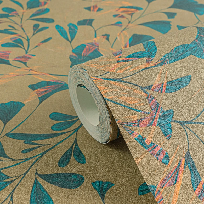 Blätter-Tapete Ginkgo Blau Beige – Vliestapete mit Kupferakzenten – Modernes Naturmotiv 