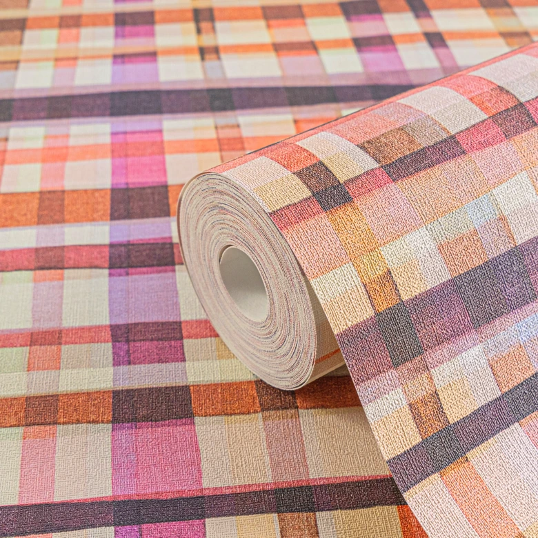 Ternet tapet akvarel pink orange - Ikke-vævet tapet moderne ternet - farverigt & kreativt 