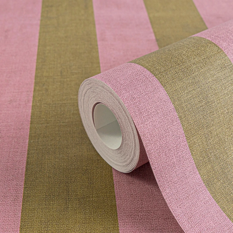 Papier peint rayé rose vert olive - motif classique rayé mat - Papier peint intissé moderne 