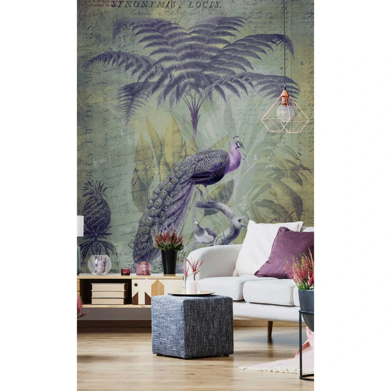 Livingwalls Fototapete ARTist Peacock Jungle mit Dschungel und Pfauen grau, grün, violett 