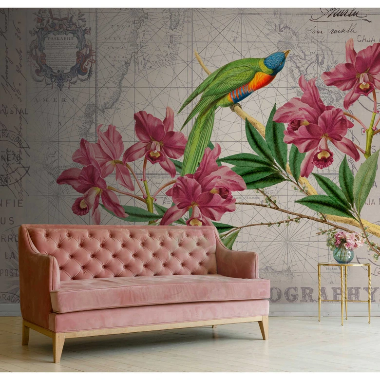 Livingwalls Fototapete ARTist Bird Discovery mit Blumen Vögeln und Weltkarte beige, gelb, grün, rosa 