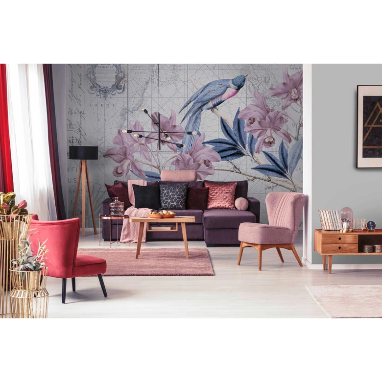 Livingwalls Fototapete ARTist Bird Discovery mit Blumen Vögeln und Weltkarte blau, rosa 