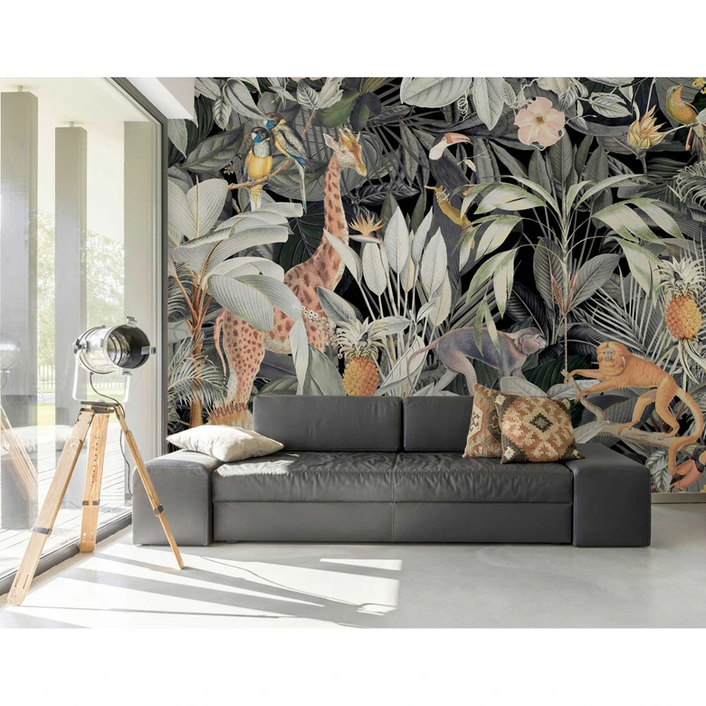 Livingwalls Fototapete ARTist Nostalgic Animals mit Dschungel und Giraffe beige, grün, orange, schwarz 