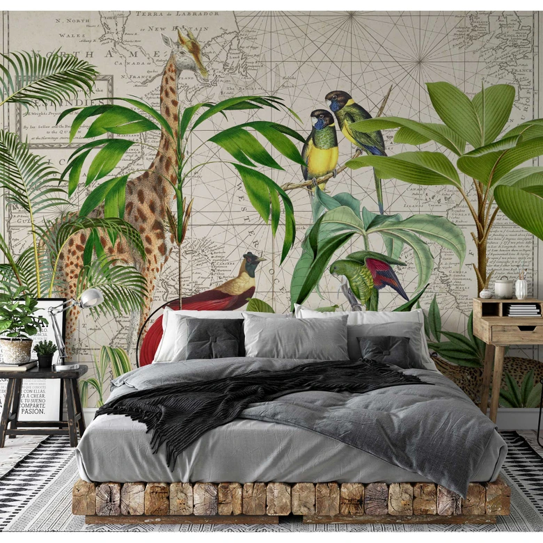 Livingwalls Fototapete ARTist Palm Tree Map mit Dschungel und Giraffe beige, braun, grün, rot 