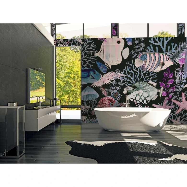 Livingwalls Fototapete ARTist Underwater mit Fischen und Korallen blau, rosa, schwarz 