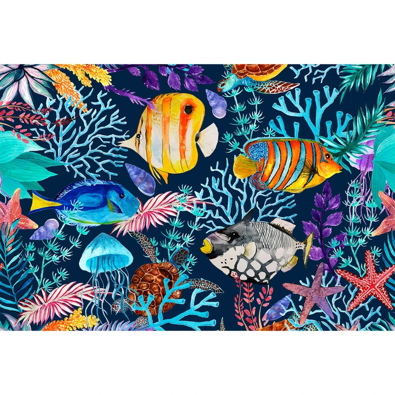 Livingwalls papier peint photo ARTist Underwater avec poissons et coraux bleu, orange, turquoise, violet 