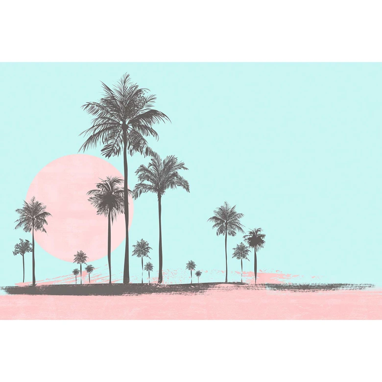 Livingwalls Fototapete ARTist Miami Beach Sunrise mit Palmen braun, rosa, türkis 