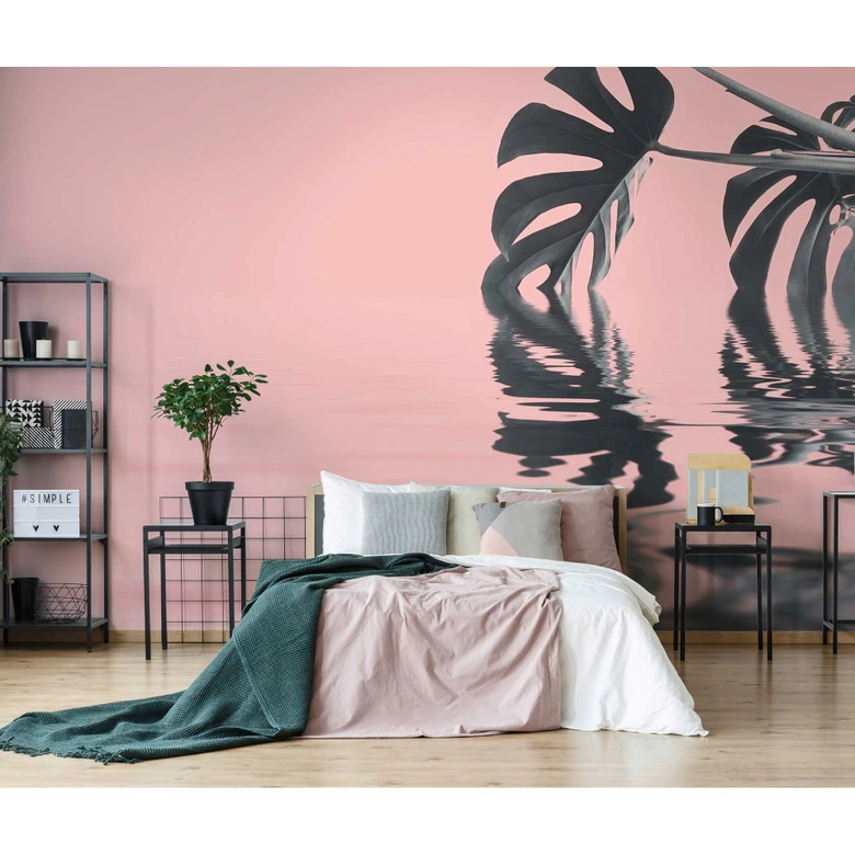 Livingwalls Fototapete ARTist Monstera Leaf Water mit Fensterblatt grau, rosa 