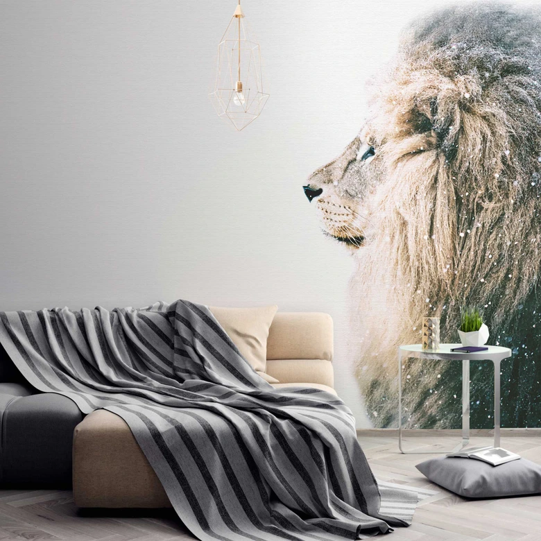 Livingwalls Fototapete ARTist Lion in Snow mit Löwe beige, creme, weiß 