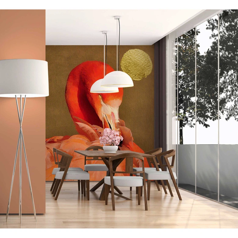Livingwalls Fototapete ARTist Flamingo in Sun mit Flamingo gold, rot 