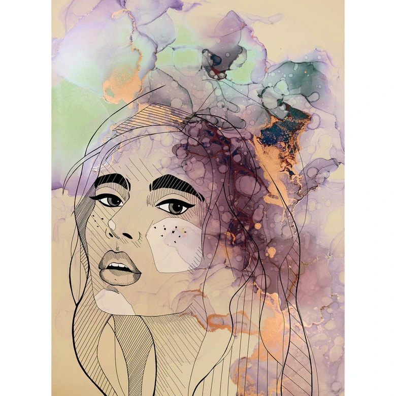 Livingwalls Fototapete ARTist Lady mit Aquarell Zeichnung beige, grün, orange, schwarz, violett 