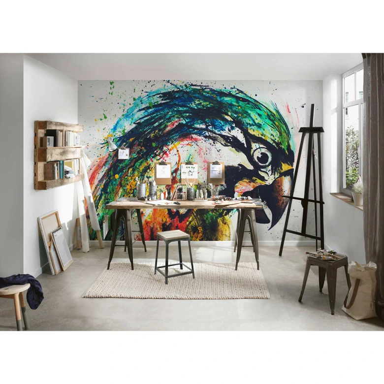 Livingwalls Fototapete ARTist Parrot mit Papagei blau, gelb, grau, grün, rot, schwarz 