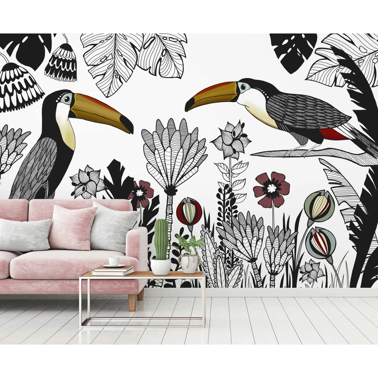 Livingwalls Fototapete ARTist Tukan gelb, rot, schwarz, weiß 