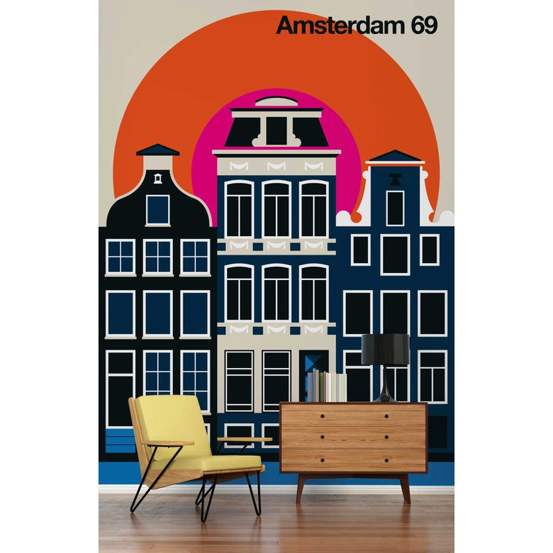 Livingwalls Fototapete ARTist Amsterdam 69 beige, blau, orange, rosa, schwarz 