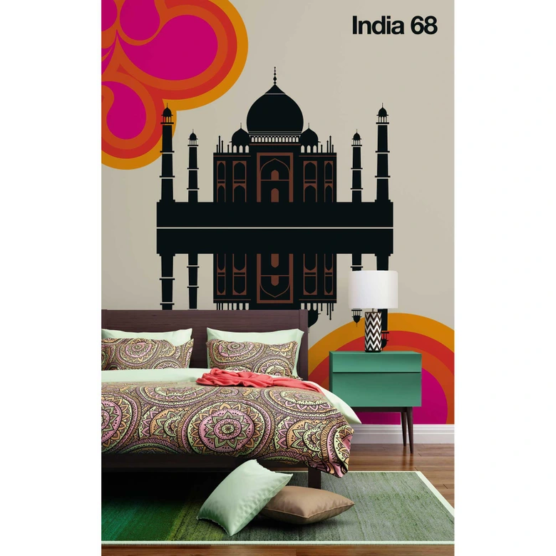 Livingwalls Fototapete ARTist India 68 Taj Mahal beige, braun, orange, rosa, rot, schwarz 