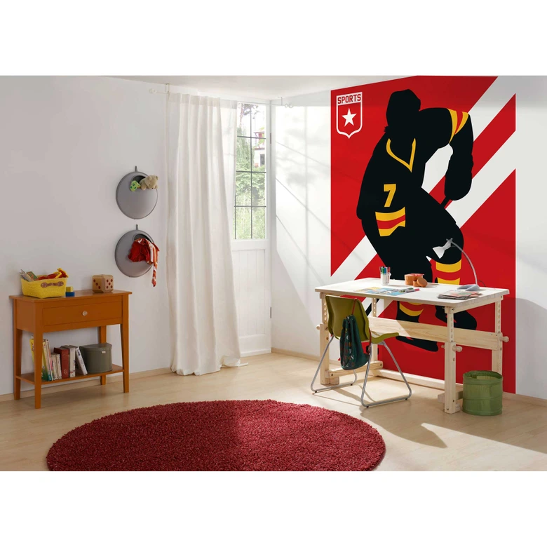 Livingwalls Fototapete ARTist IceHockey gelb, rot, schwarz, weiß 