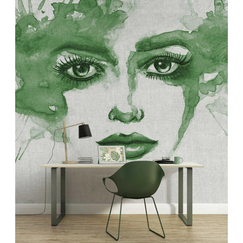 Livingwalls Fototapete ARTist Watercolour Face in Wasserfarben Optik grau, grün 