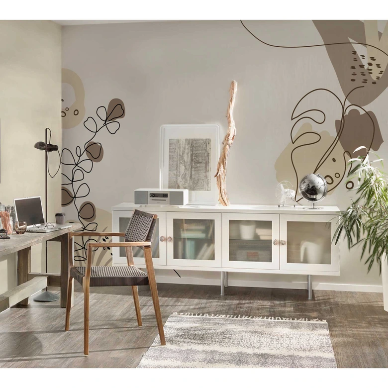 Livingwalls Fototapete ARTist Drawn Leaves mit gezeichneten Blättern beige, braun, creme 