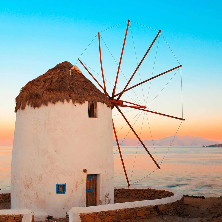 GreekWindmill landskapstapet i blåbrun - Fototapet i non-woven Designwalls 2 - 2,55 x 3,5 m 