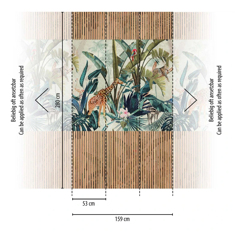 Fototapeta dżungla z drewnianymi panelami - tapeta z włókniny tropikalny wzór - tapeta do salonu 