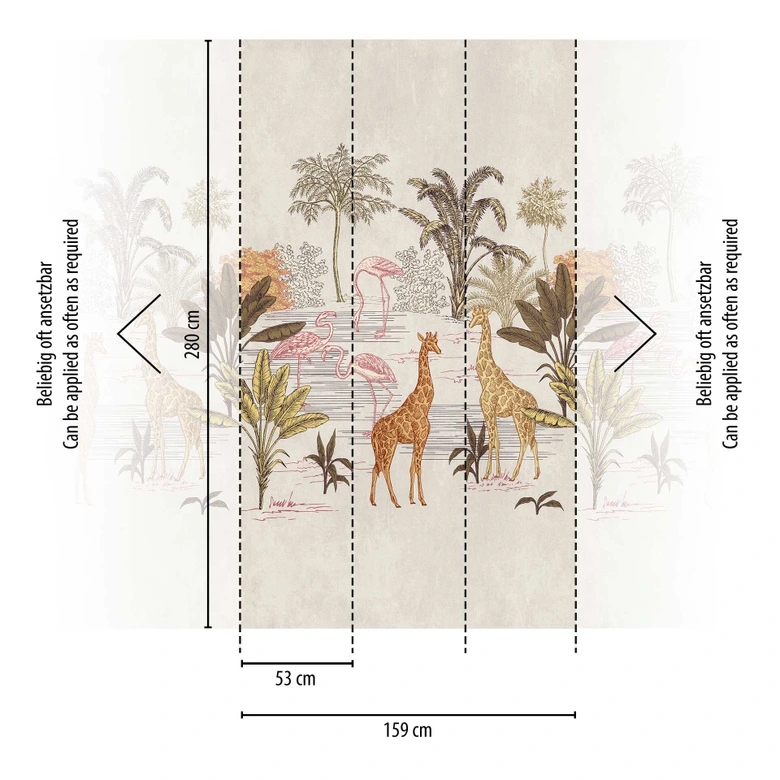 Safari-Tapete Beige Bunt - Vliestapete mit Giraffen & Palmen für Wohnzimmer & Kinderzimmer 