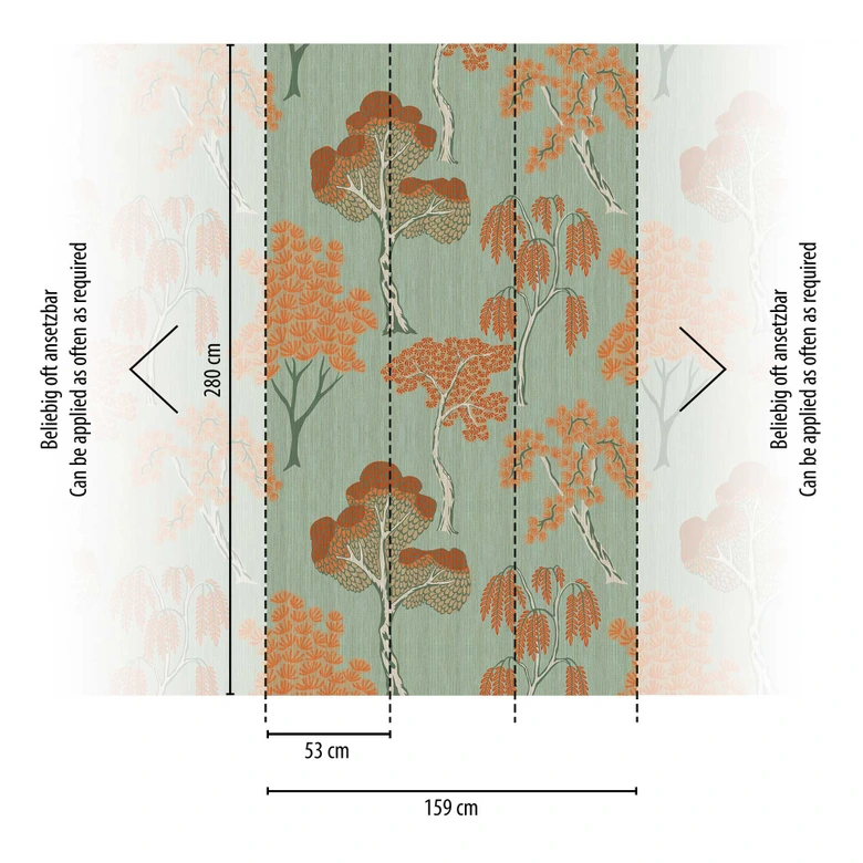 Baum-Tapete Grün Orange - Vliestapete mit Retro-Motiv für Wohnzimmer & Schlafzimmer 