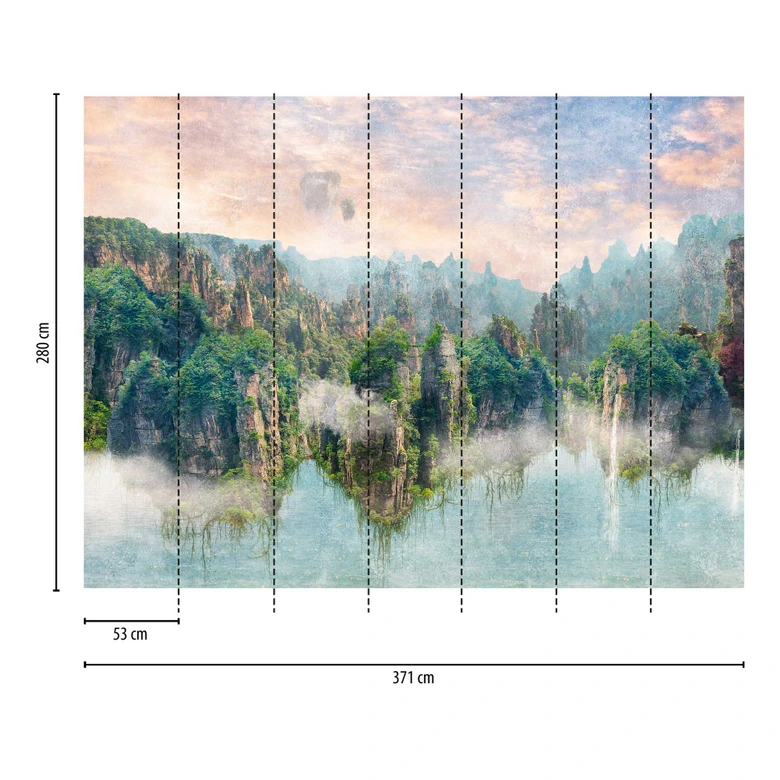 behang fantasie landschap bergen groen blauw - vliesbehang met mist motief voor woonkamer 