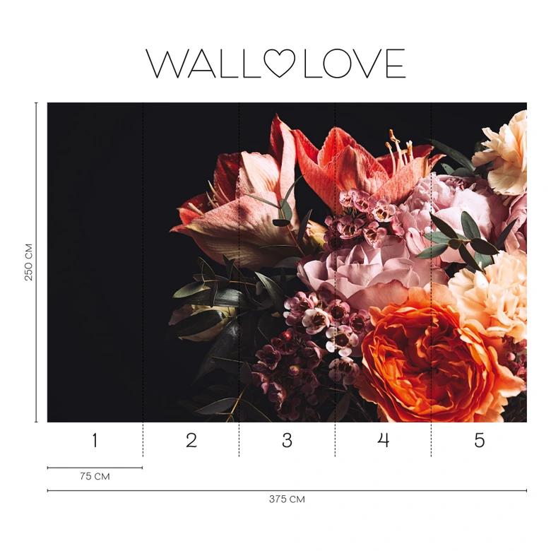 Fotobehang roze oranje donker - Vliesbehang 3,75 m x 2,50 m bloesem motief 